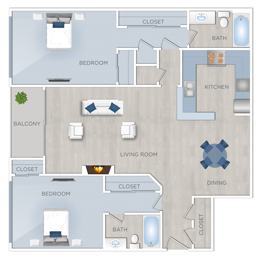 Floor plan for 2 beds, 2 baths, 1270 sqft